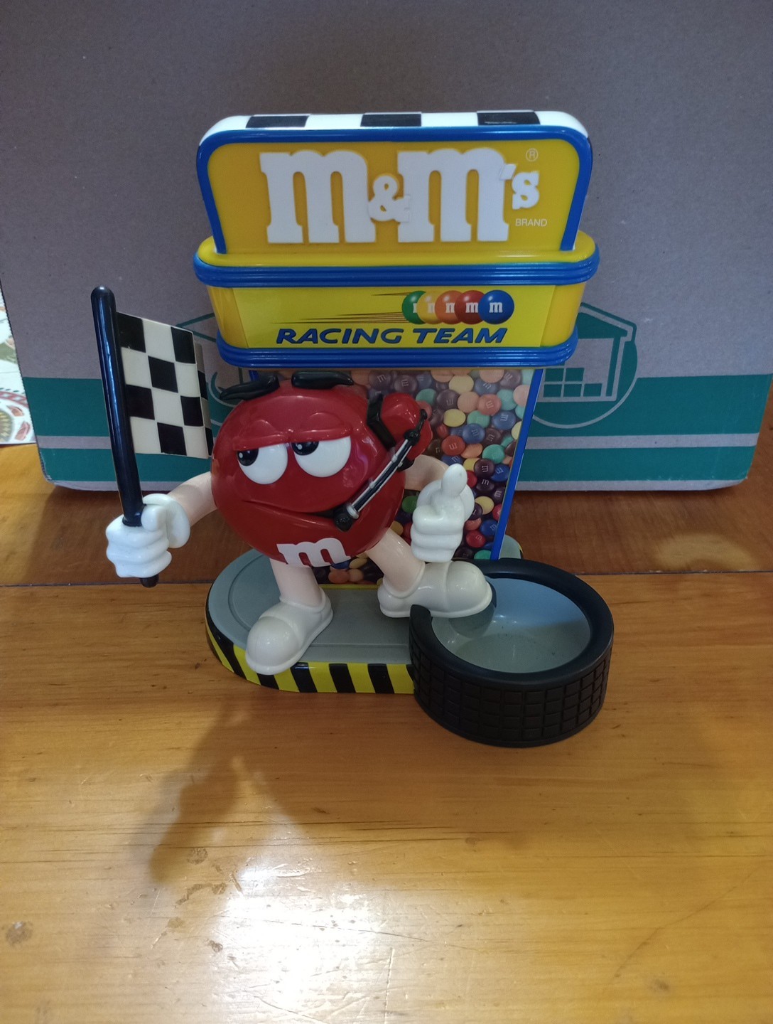 M&M's Racing Team Red NASCAR Pit Crew Checkered Flag Candy Dispenser Works