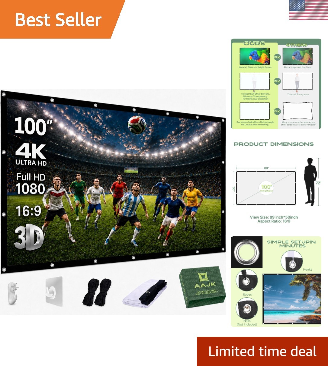 100-Inch Portable Outdoor Projector Screen - Washable & Anti-Crease Design