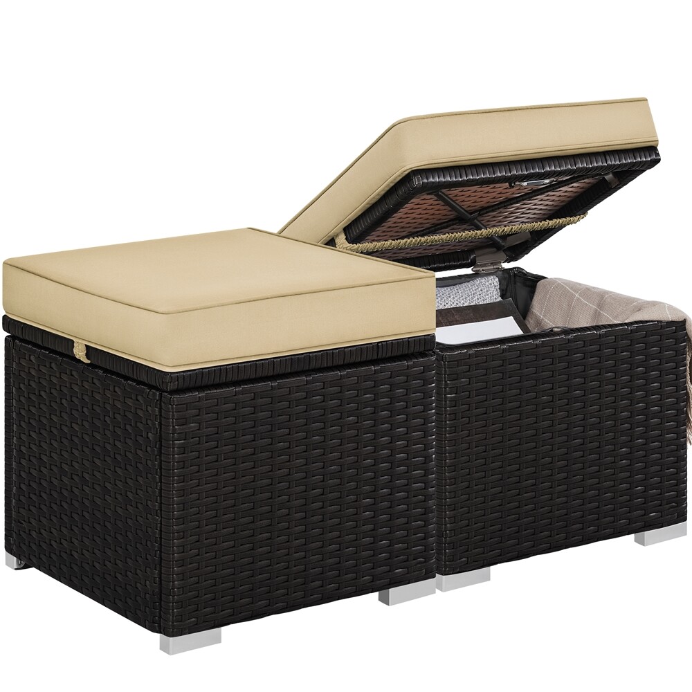 Set of 2 Wicker Ottomans with Hidden Storage, Patio Footstools w/Cushion Outdoor