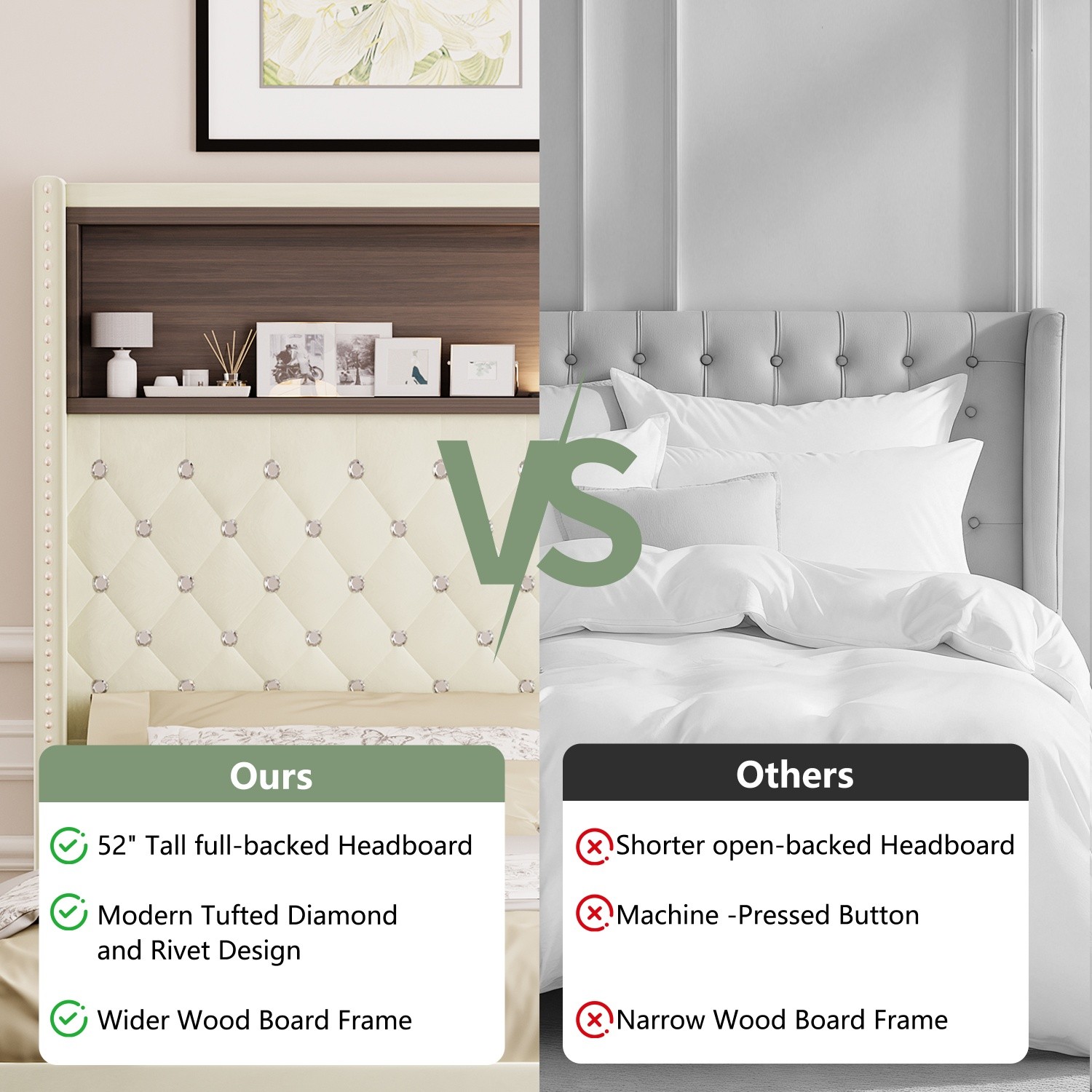 Full Size Velvet Bed Frame w/ Tufted Storage Headboard & Night Light & USB Ports
