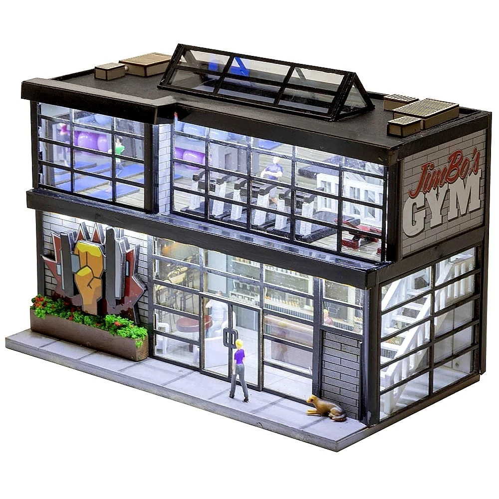 HO Scale JimBo's Gym 2 Story Building Fully Lit Fitness Center with Figures NEW!