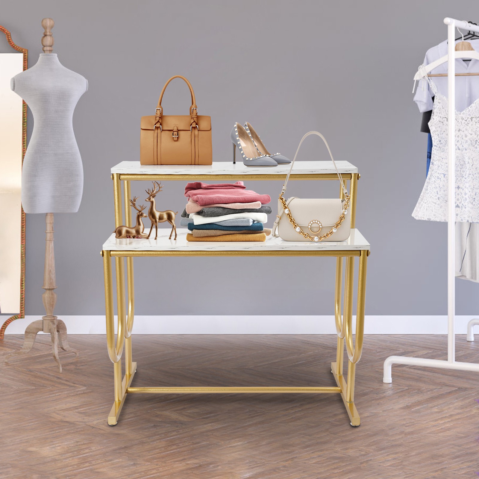 Purse Display Stand, Free Standing Handbag Display Stand, 2 Tier Display Table