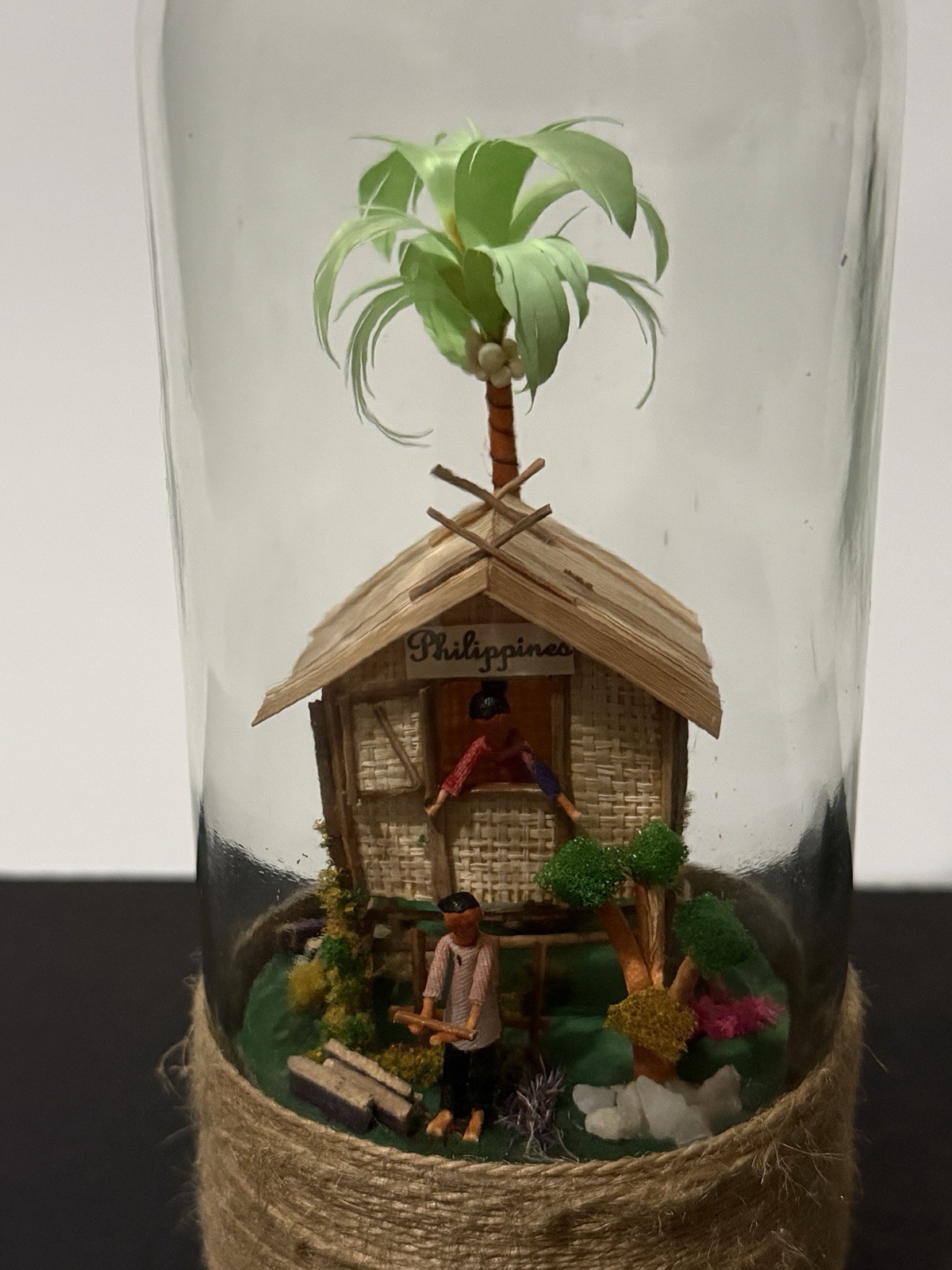 Vintage Handmade Philippines Diorama in Glass Bottle Detailed Tropical Hut Scene