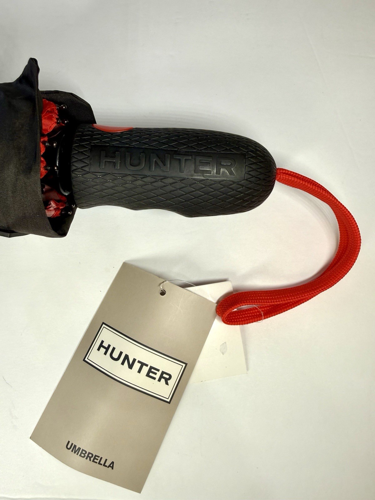 HUNTER UMBRELLA BLACK RED STRIPES WITH COVER 100% POLYESTER NWT