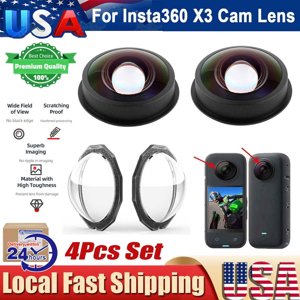 4PCS For Insta360 X3 HD Camera Lens Camera Replacement & Guards Cap Cover Set