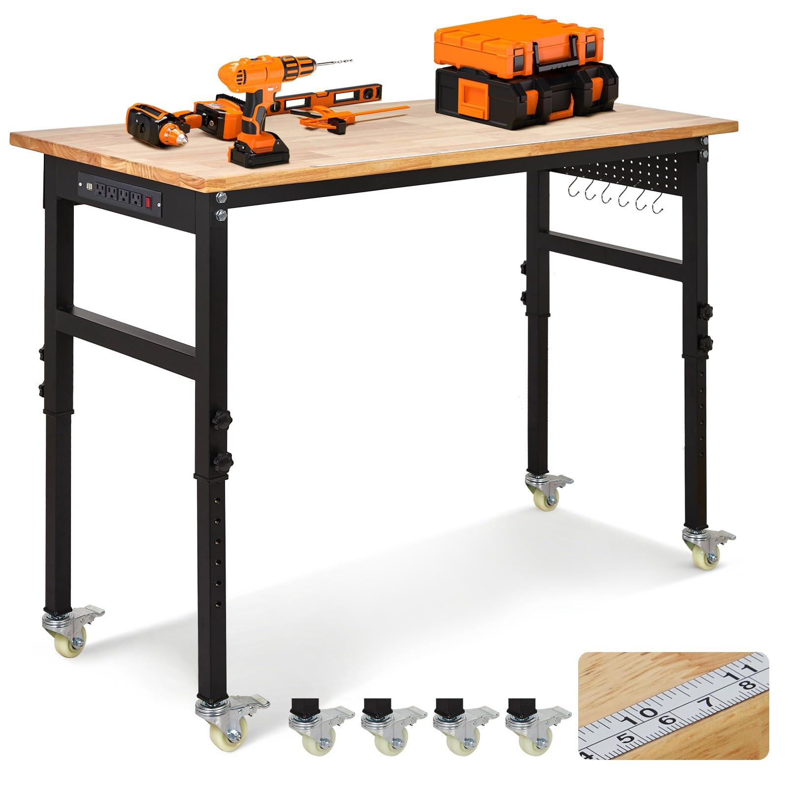 60" Adjustable Workbench Garage Work Table w/ Power Outlet, Wheels & Pegboard