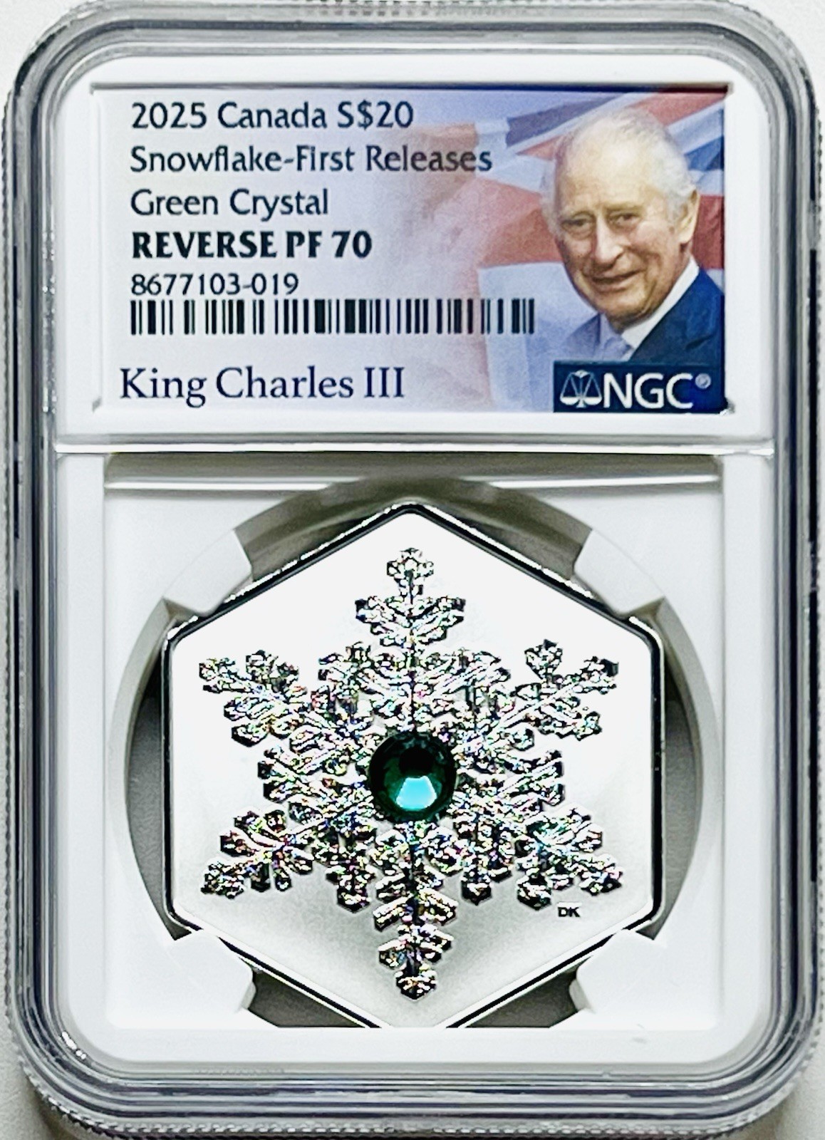2025 $20 CANADA 1OZ SILVER PROOF GREEN CRYSTAL SNOWFLAKE NGC PF70 FR (POP=22)