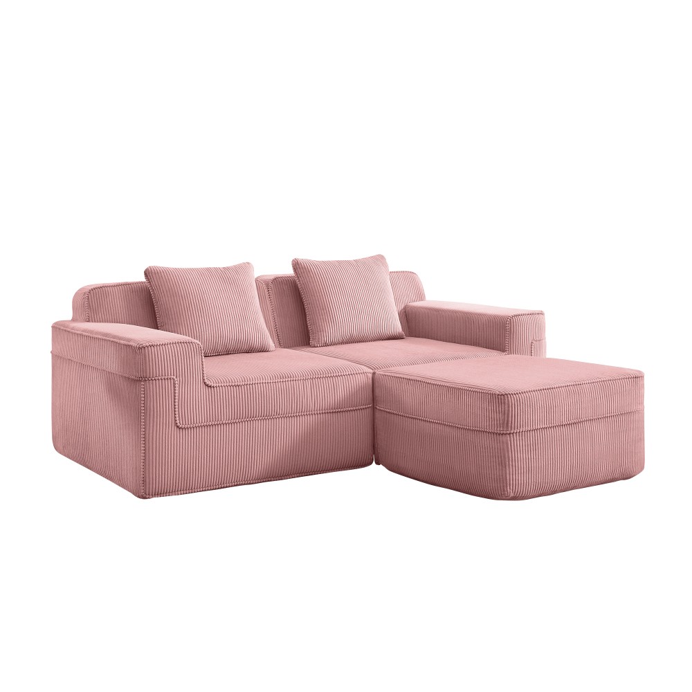 Modular 2-Seat Cloud Sofa w/ Ottoman & Pillows, Pink Corduroy