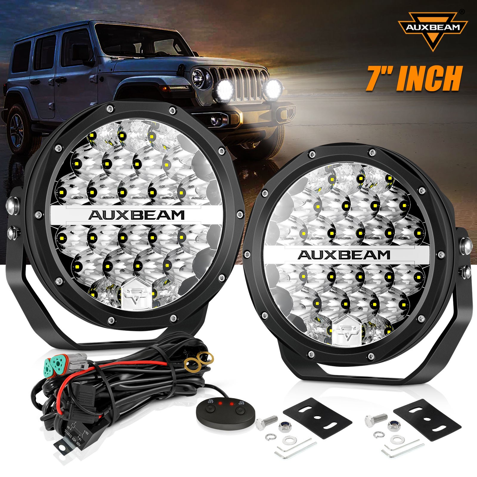 AUXBEAM 2pcs 7"INCH Round Spot Beam Pods Offroad LED Driving Work Lights+Wiring