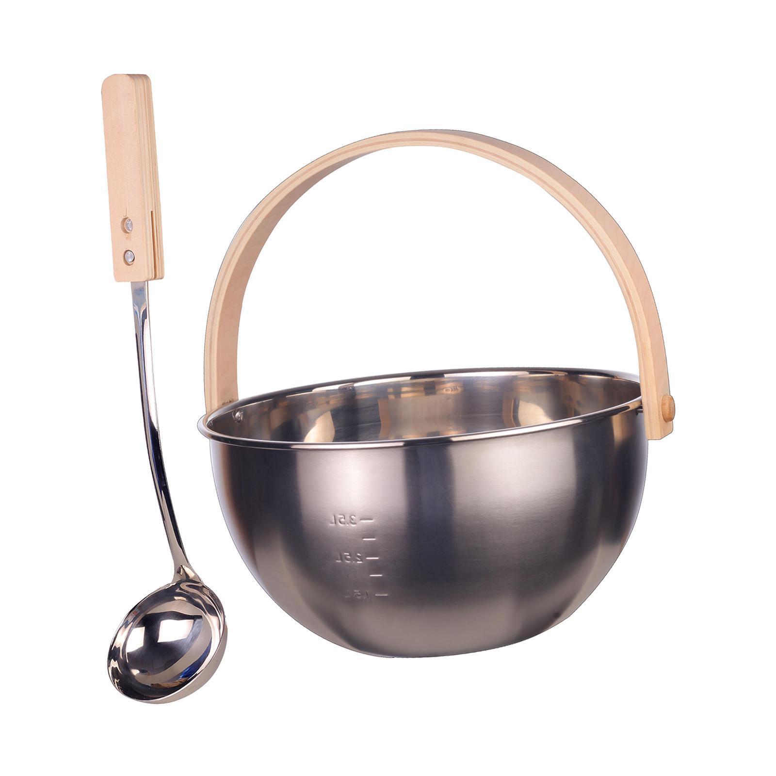 Sauna Stainless Steel Bucket and Ladle Set Wood Handle Convenient