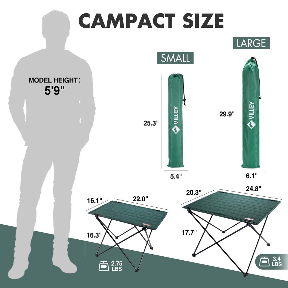VILLEY Folding Camping Table Portable Beach Table With Aluminum Panel Large Size