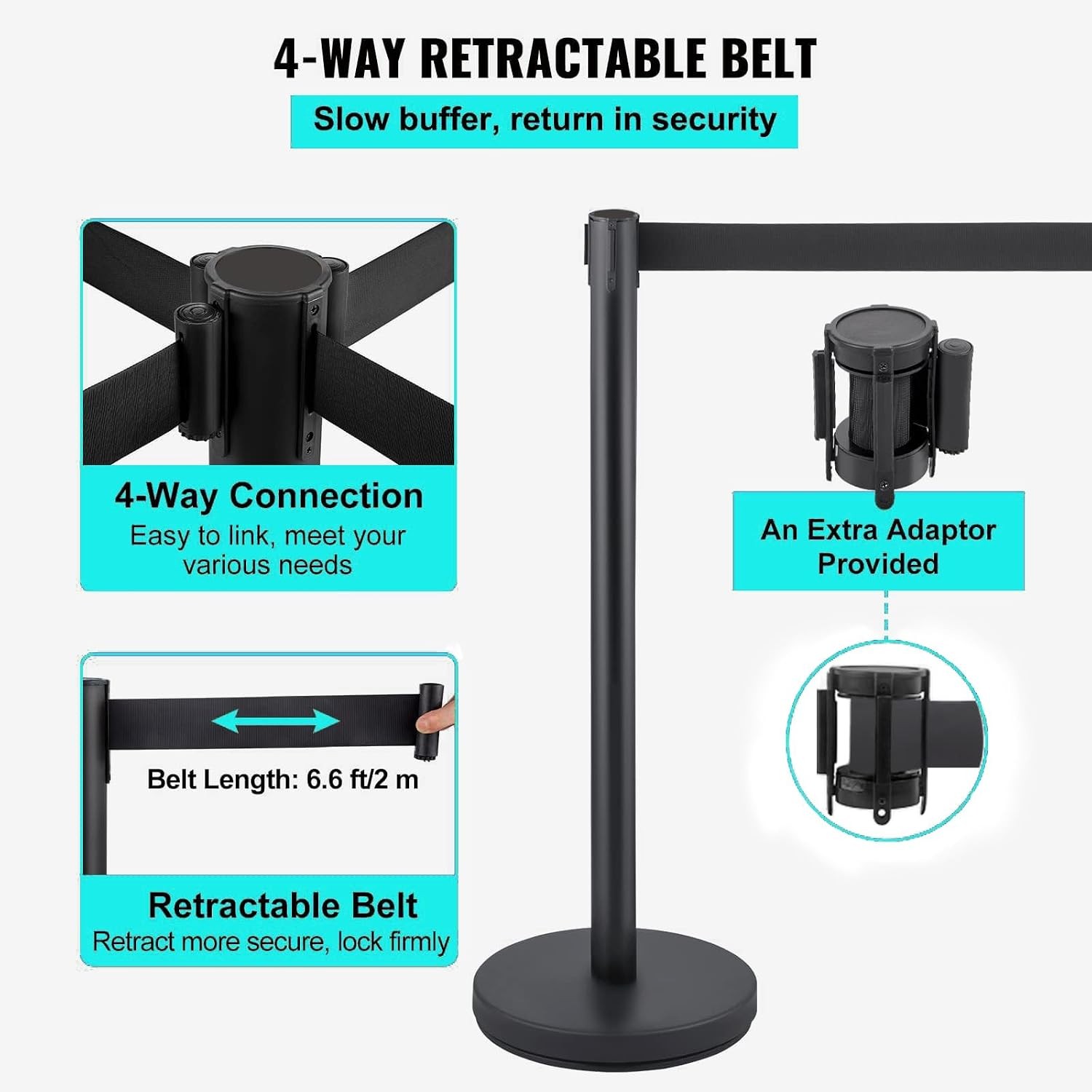 2Pcs Crowd Control Barrier Queue Poles w/ Retractable Belt Stanchion Posts Black