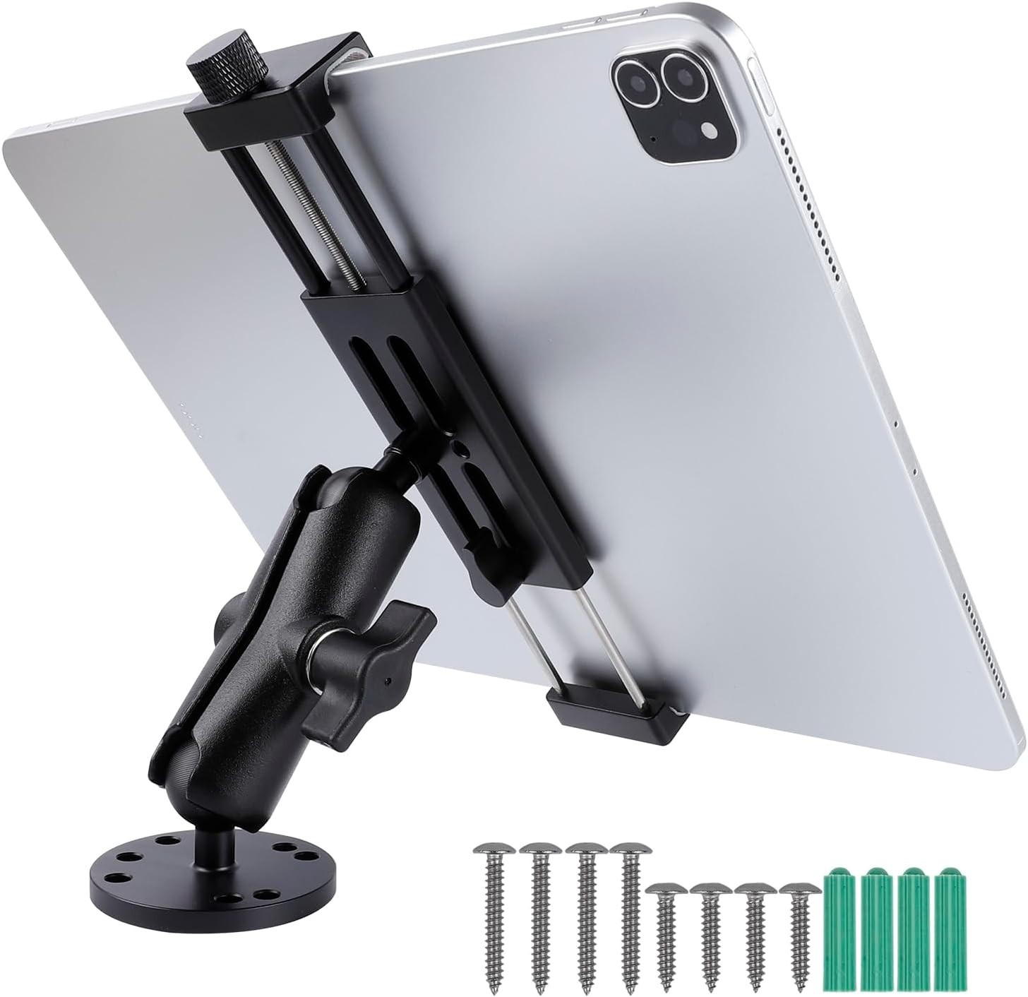 All-Aluminum Car Tablet Holder with Heavy Duty Drill Base, Compatible with iPad