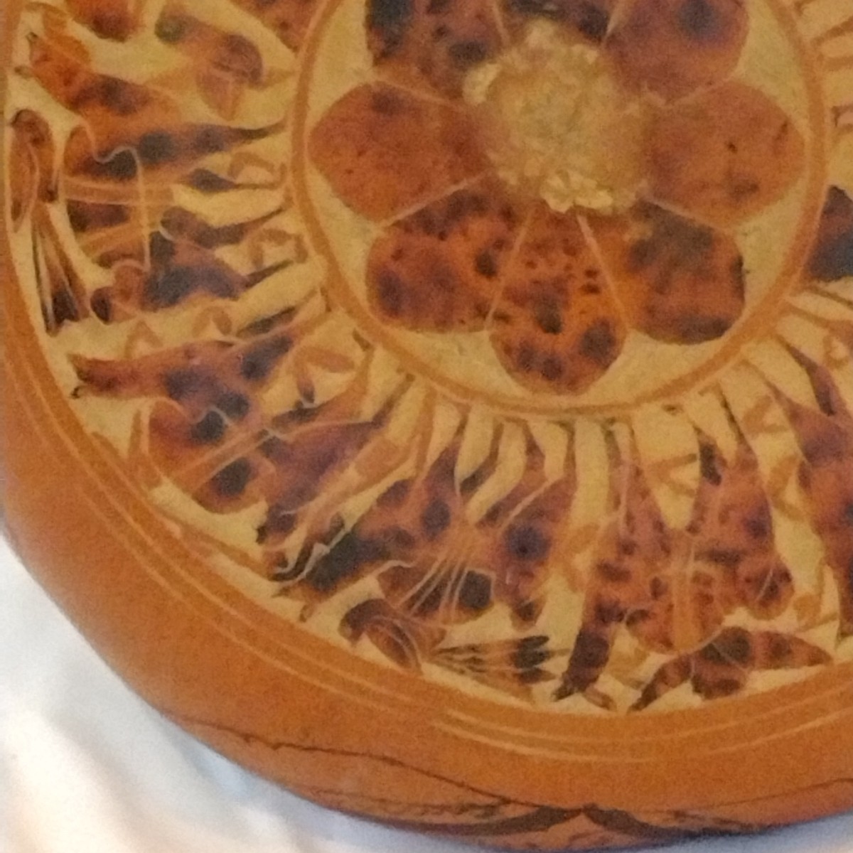 Vintage Peruvian Carved Jicara Gourd Wall Hanging 9.5" X 9.5"