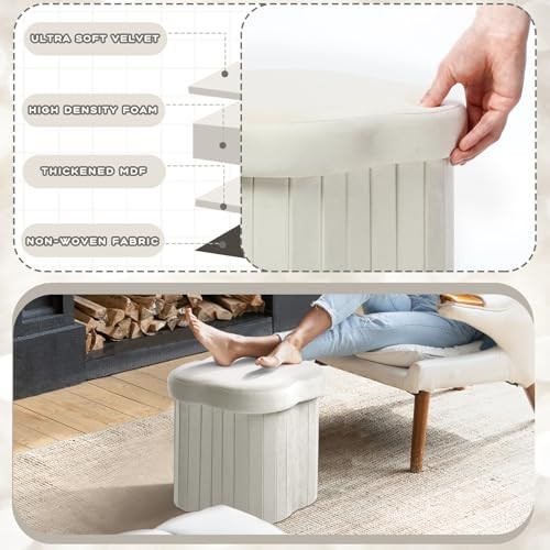 2 Pcs Storage Ottoman Flower Shaped Foot Stools Foldable Velvet Storage White