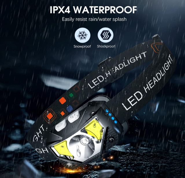Linterna frontal LED recargable ultraligera, sensor movimiento, 8 modos IPX, 2 p