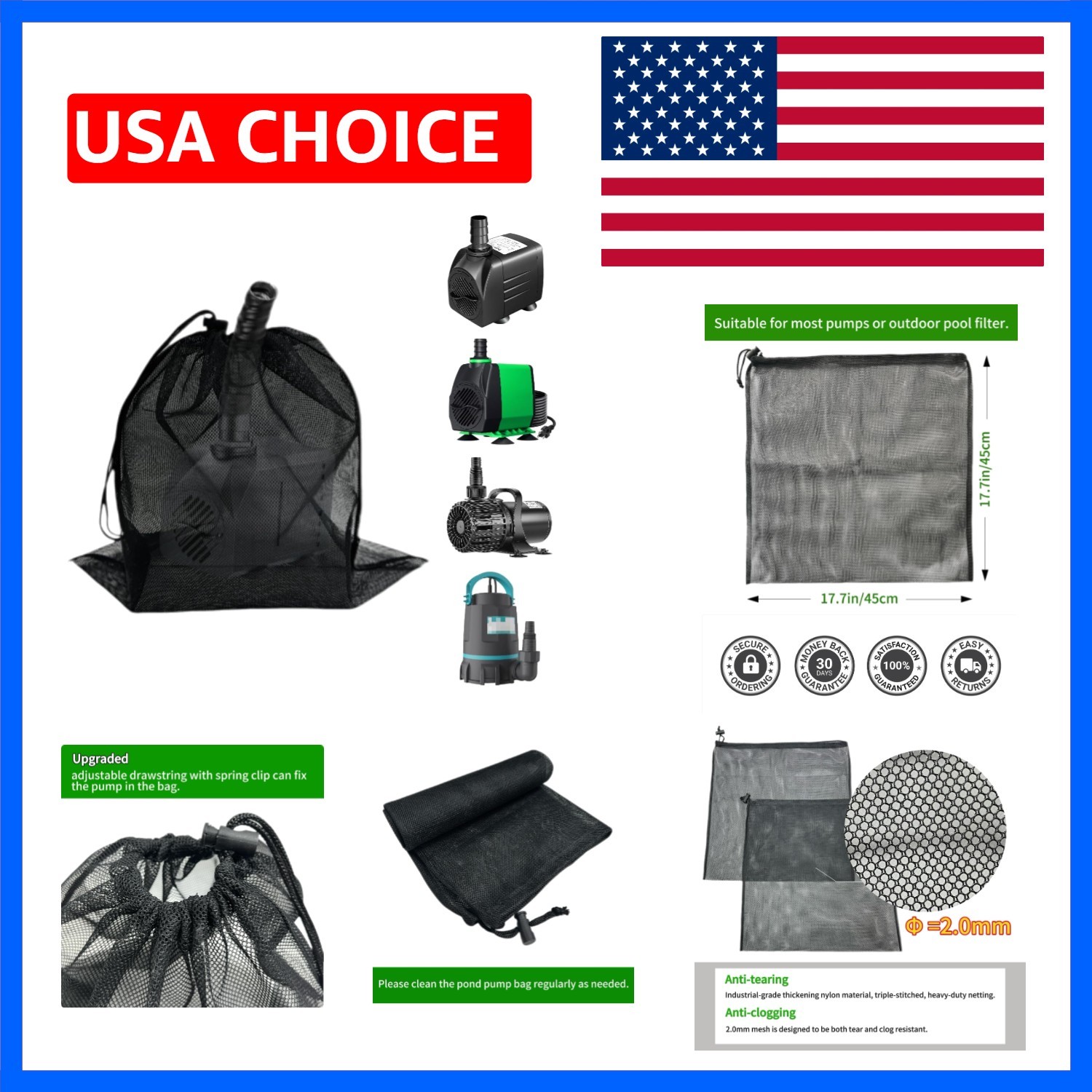17.7" x17.7" Pond Pump Cover Filter Bag, Black Media Bag Large Pump Mesh Bag ...