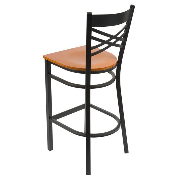 10 PACK Black Cross Back Metal Restaurant Bar Stool With Cherry Wood Seat