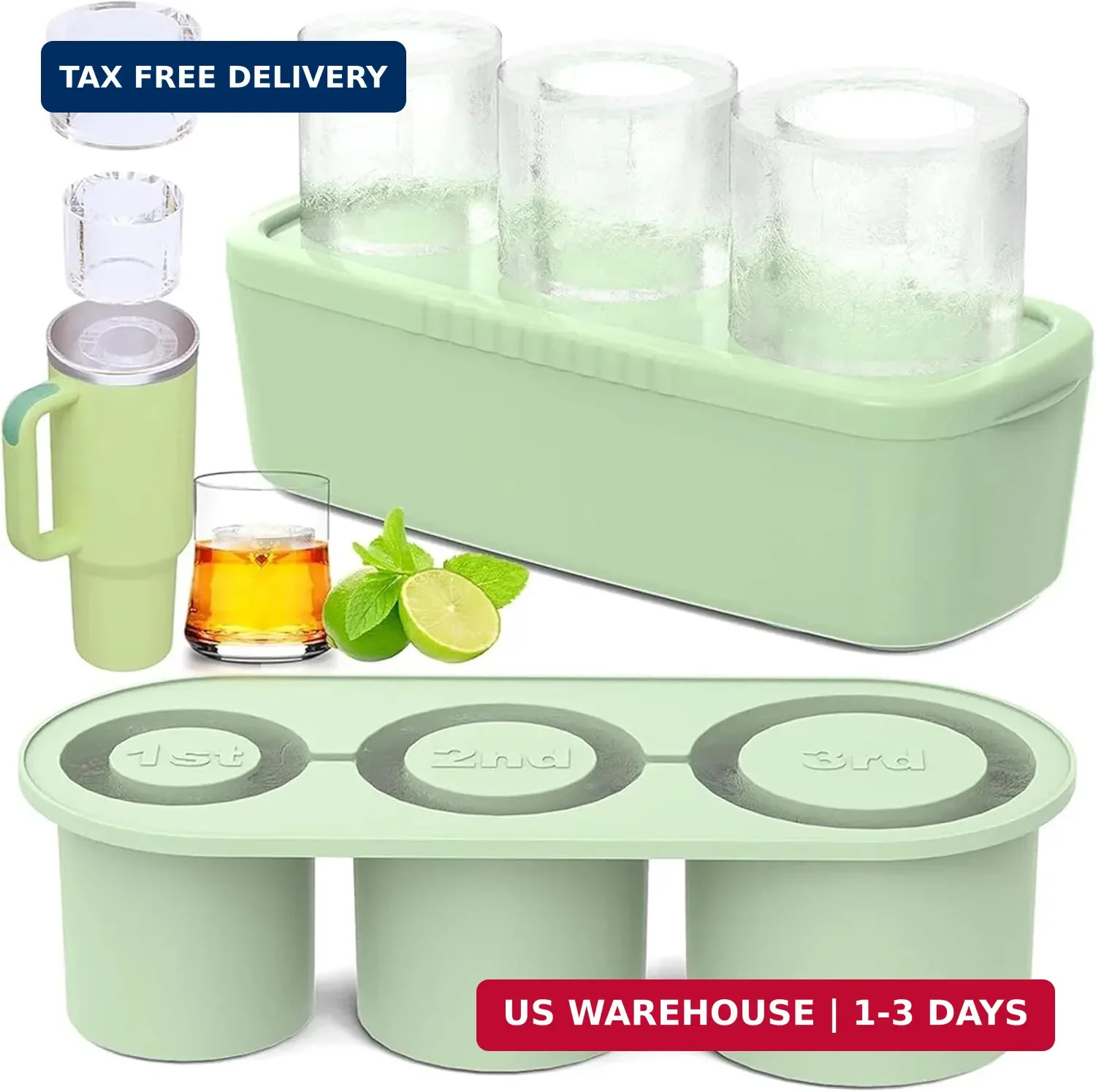 Ice Cube Tray for Stanley Cup, Silicone Ice Mould with Lid & Bin, Long Ice Cubes