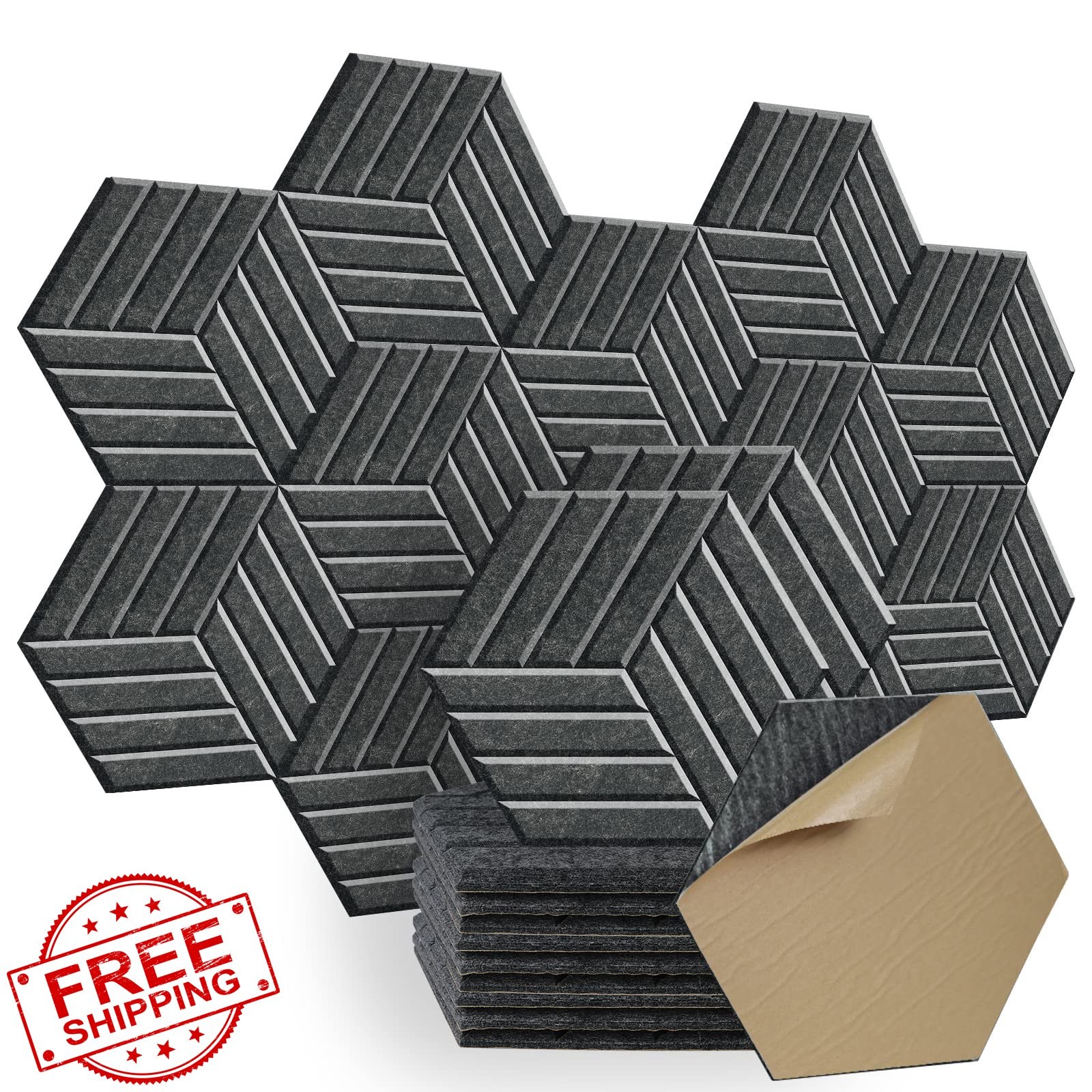 SHJADE 12 Hexagon Acoustic Panels 14"x12" Self-Adhesive Black