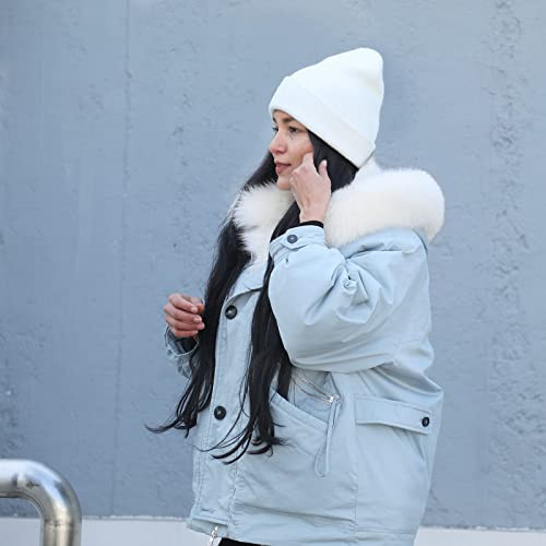 Beanie Hat for Women Men, Warm Cuffed Knit Hat for Skiing One Size White