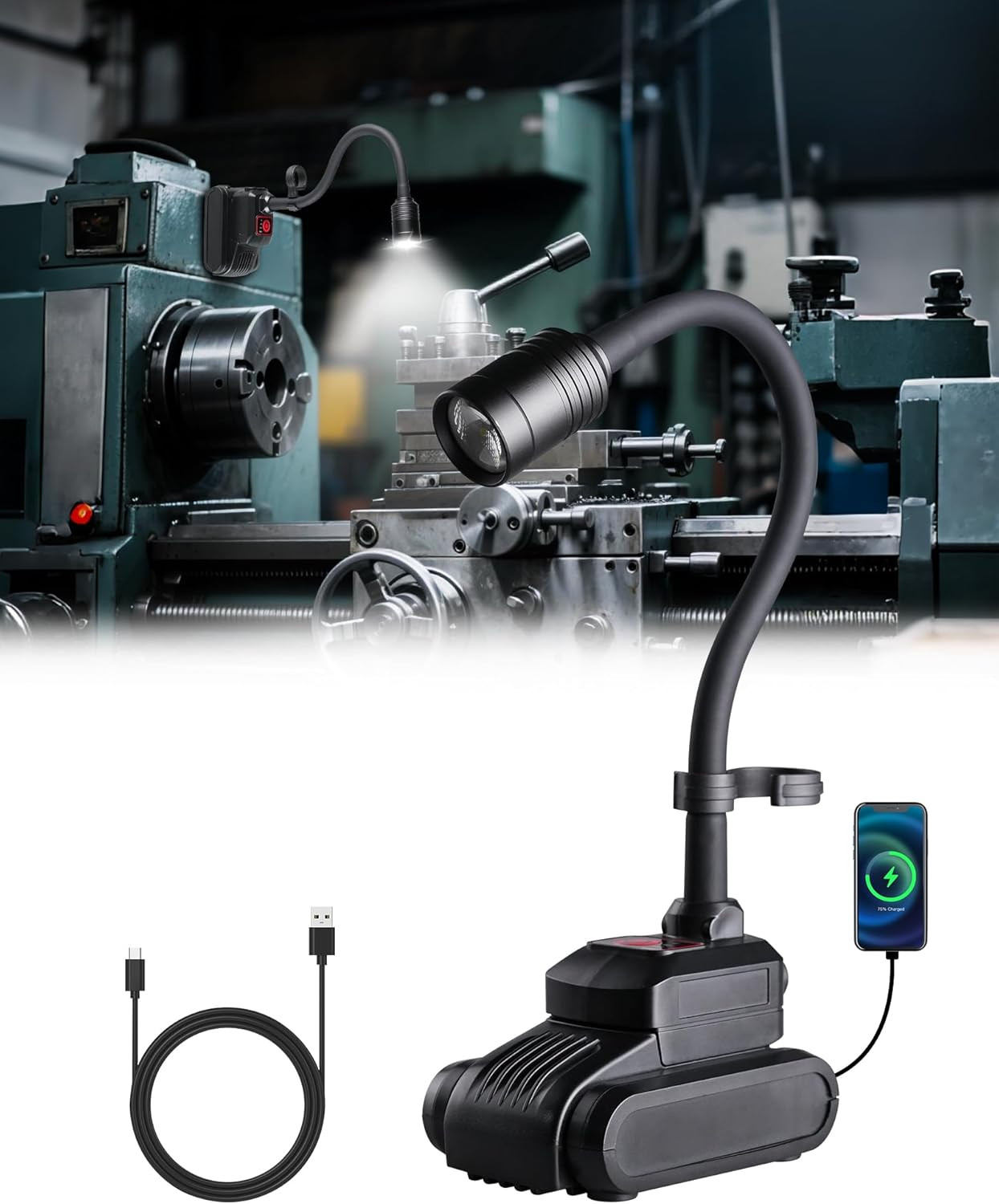 Magnetic Work Light, 4400Mah Rechargeable Flexible Gooseneck Work Light with Han