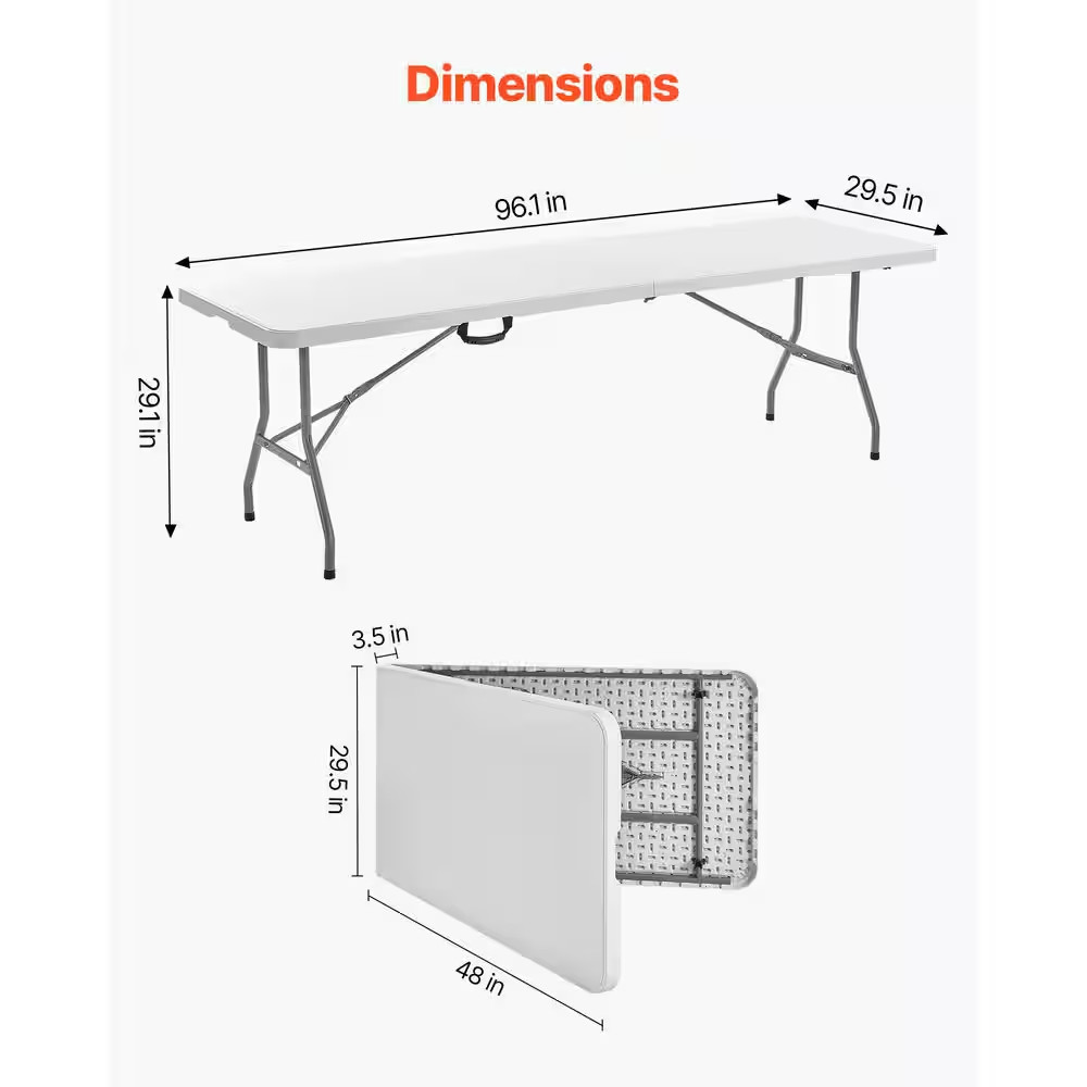 Folding Table, 8 Ft. Heavy Duty Portable Fold-In-Half Plastic Rectangle Table wi
