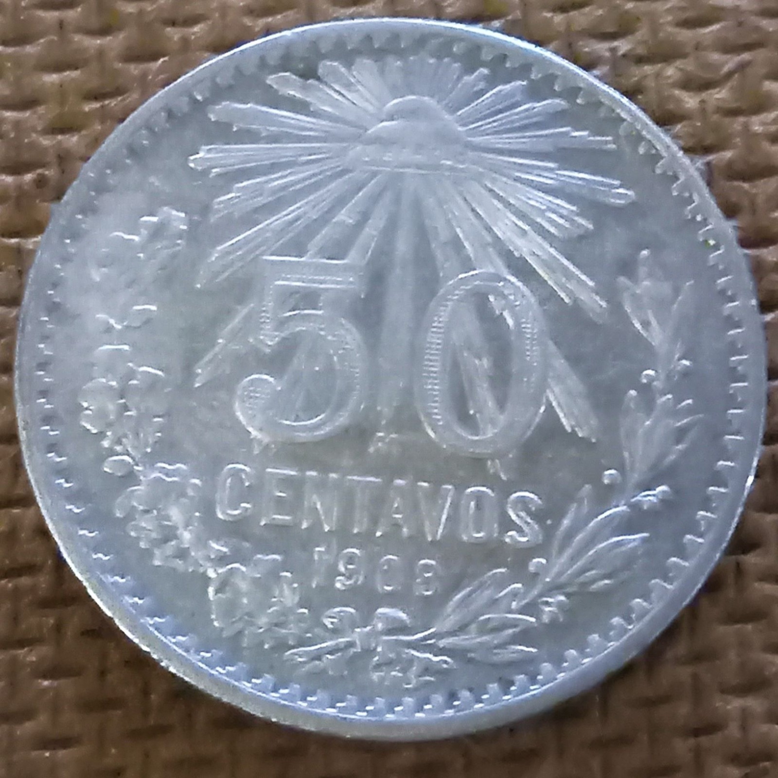 NICE BRIGHT GEM AU SUPER KEY DATE 1908 MEXICO CAP & RAY .800 SILVER 50 CENTAVOS!