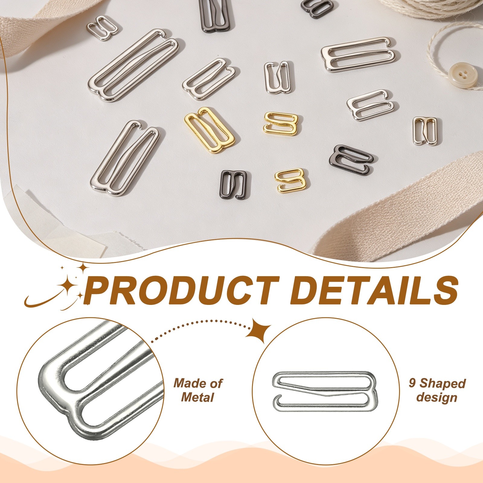 50Pcs Bra Hooks for Straps 25mm 9 Shaped, Silver