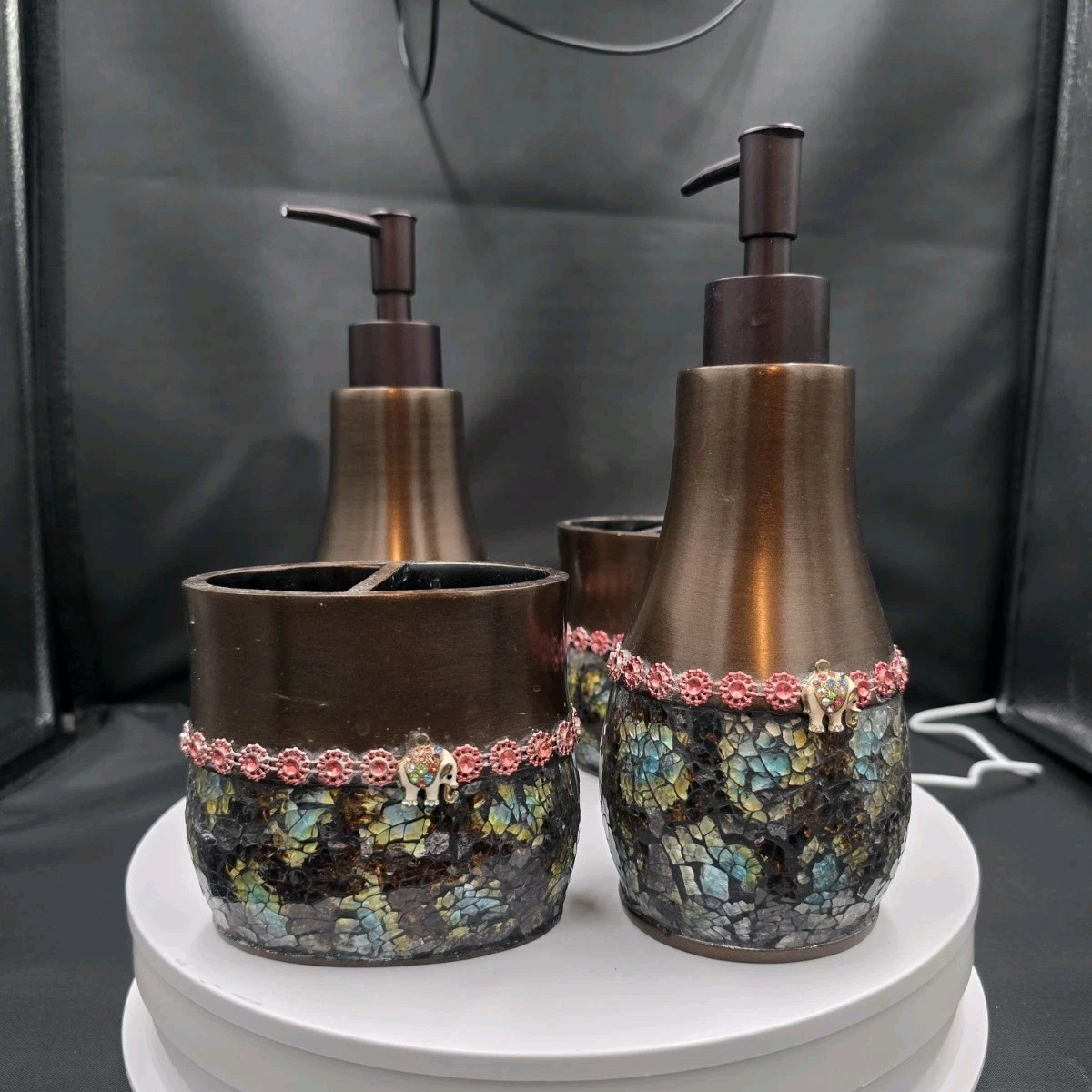 Mosaic Elephant 4-Piece Bathroom Set w/ Soap Dispensers, Toothbrush holders