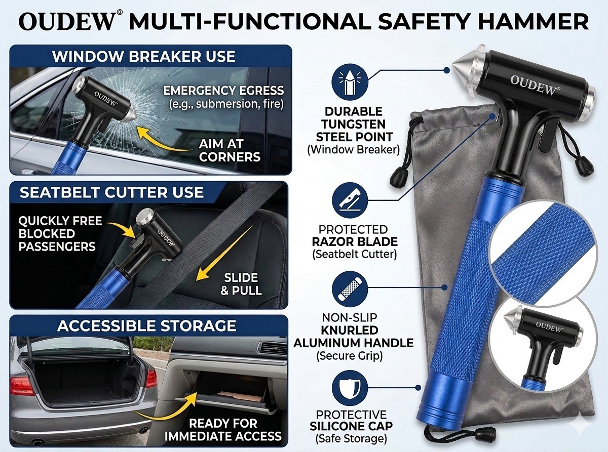 2pc OUDEW Car Safety Hammer Emergency Window Breaker & Seatbelt Cutter Tool Set