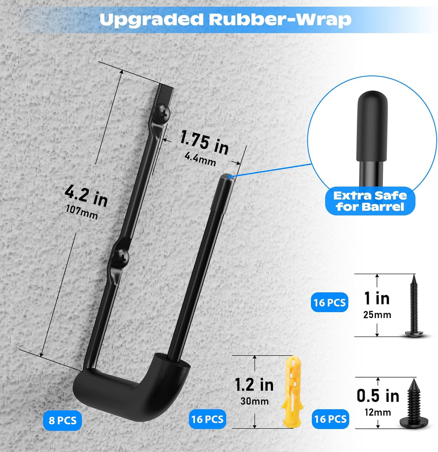 8Pcs Pistol Wall Mount Rack - Rubber Wrap Top Pistol Rack for Wall,Cabinet,Safe,