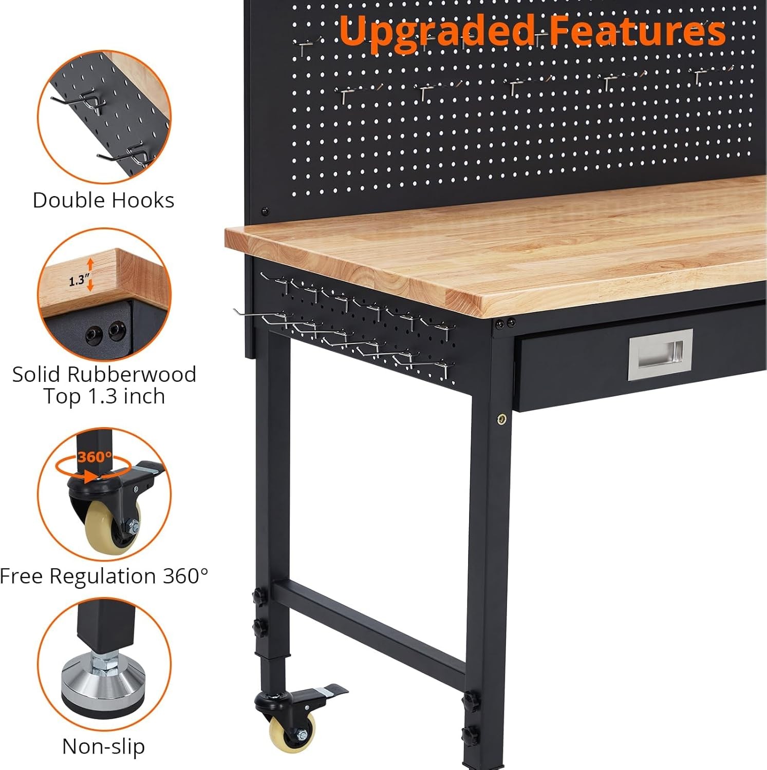 48"Garage Workbench|Pegboard,Drawers,Power Outlet|Tool Bench&Wheels for Workshop