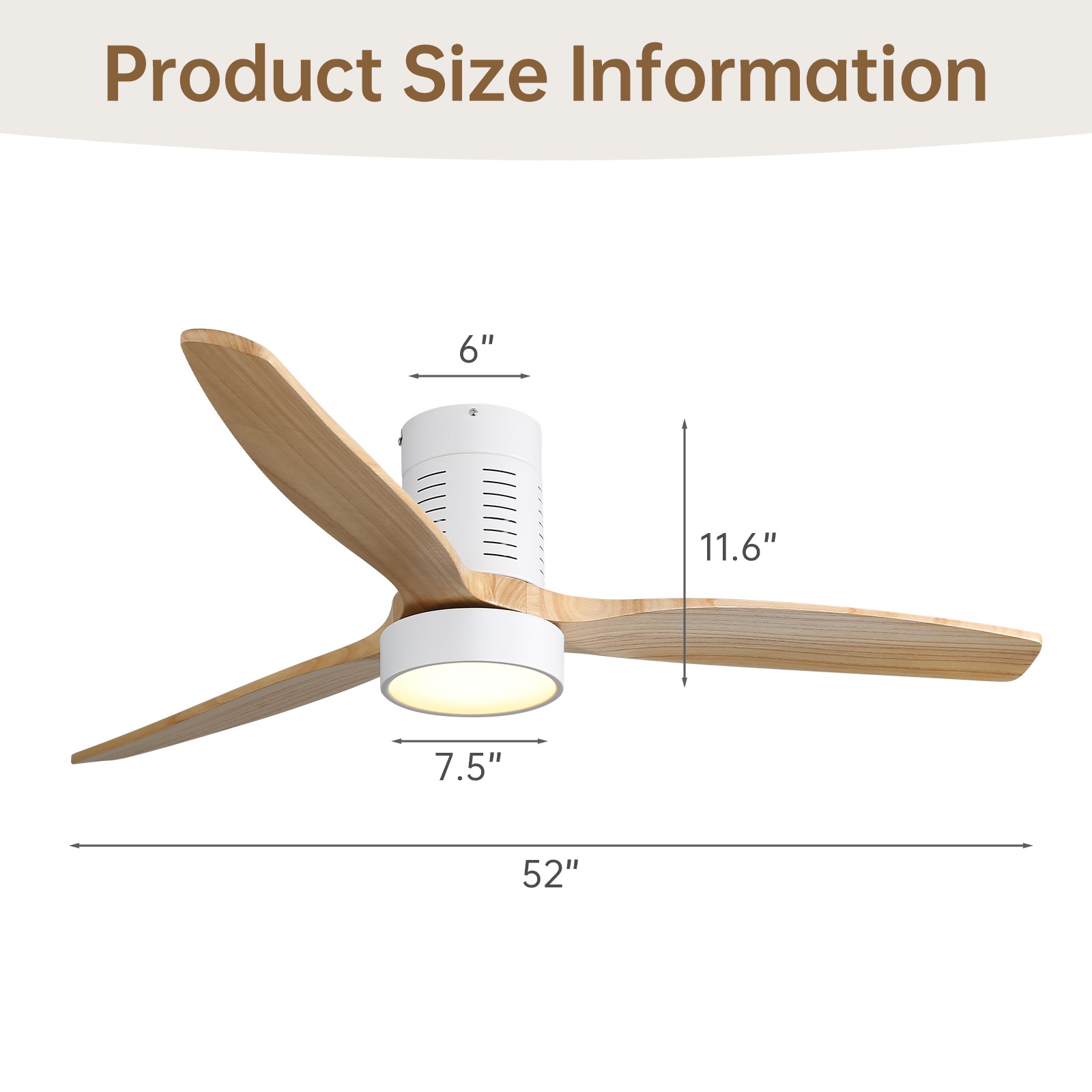 Bedroom Ceiling Fan With Integrated LED & Remote & Solid Wood Blades Reversible