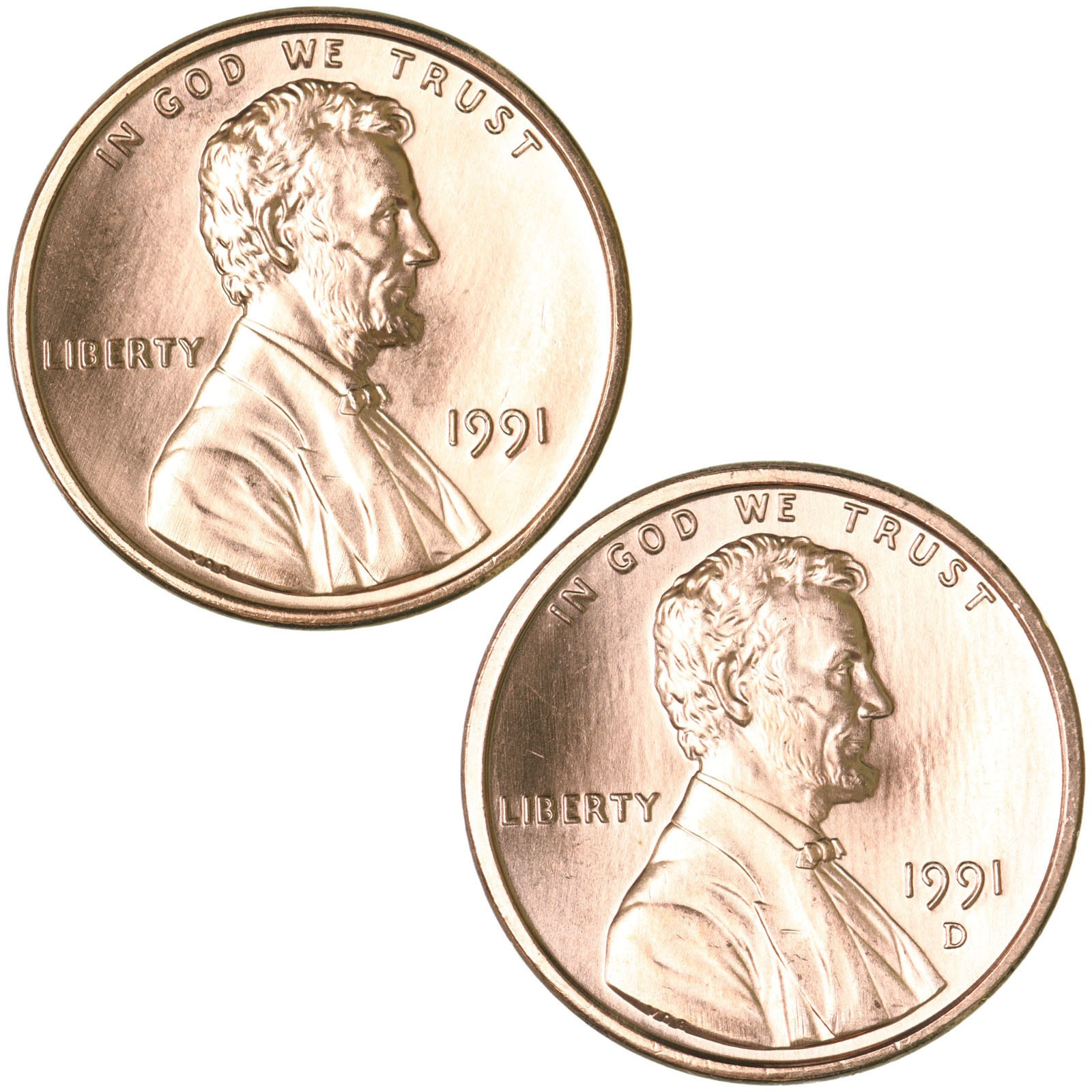 1991 P D Lincoln Memorial Cent Brilliant Uncirculated 2 Coin Year Set