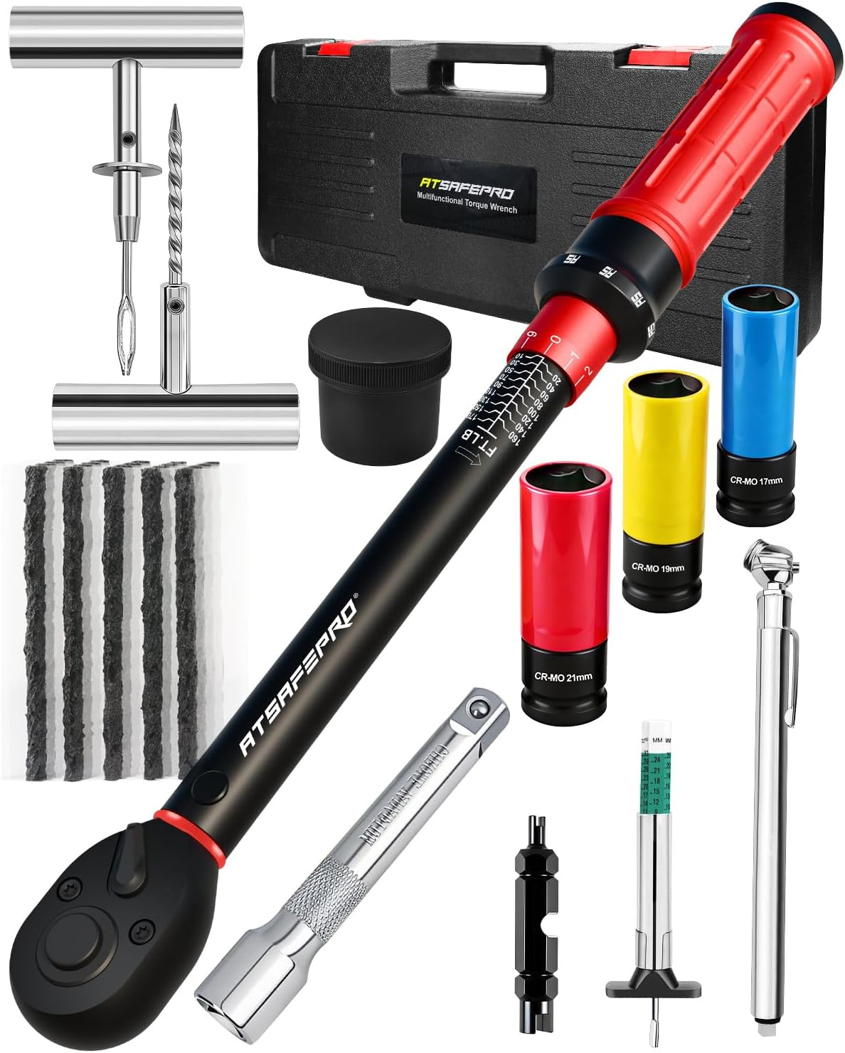 1/2" Drive Torque Wrench Set with 20Pcs Tire Repair Kit & Accessories