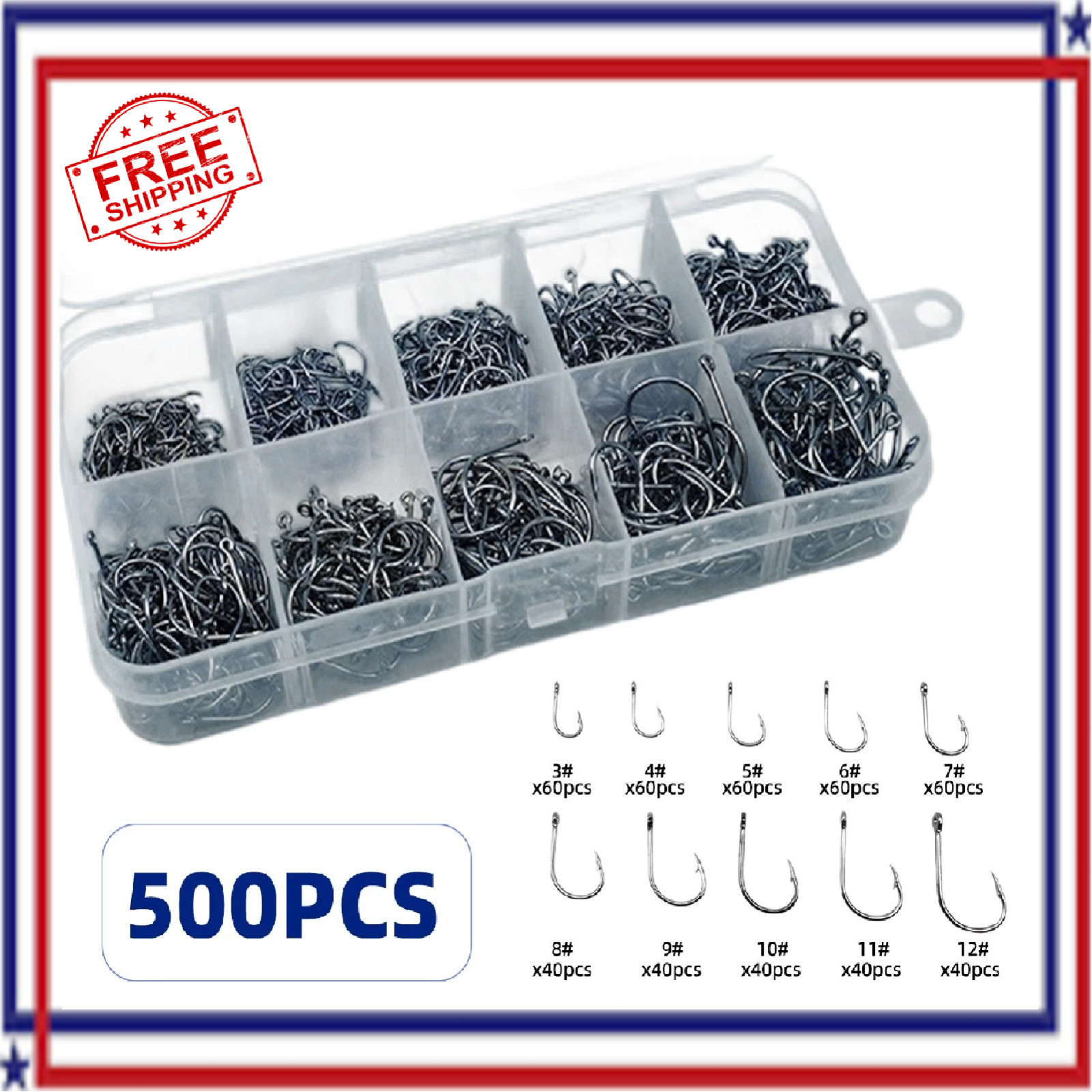 500 PCS Fish Hooks 10 Sizes Fishing Black Silver Sharpened With Box Quality kit