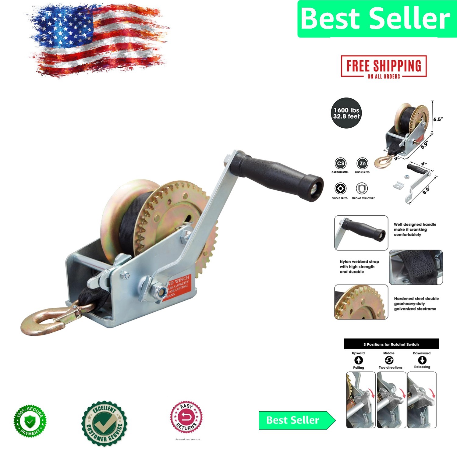 Efficient 1600lbs Capacity Winch - Lightweight with Weather-Resistant Design