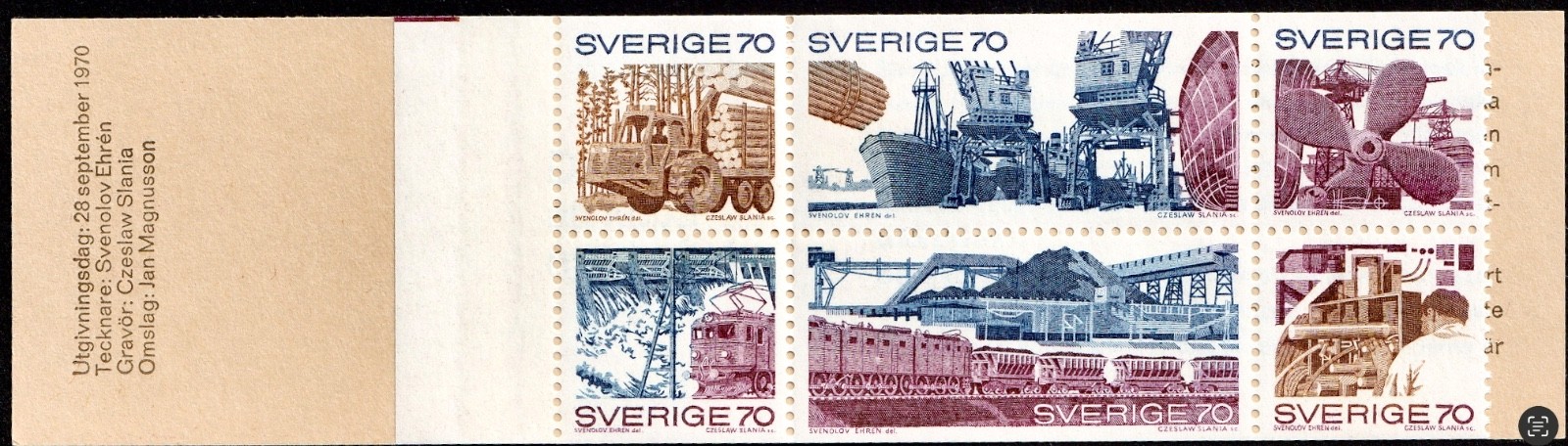 Sweden, Complete Booklet Pane of 6 Stamps, MNH-1970, 70 öre, Sc. 866a, SG SB249