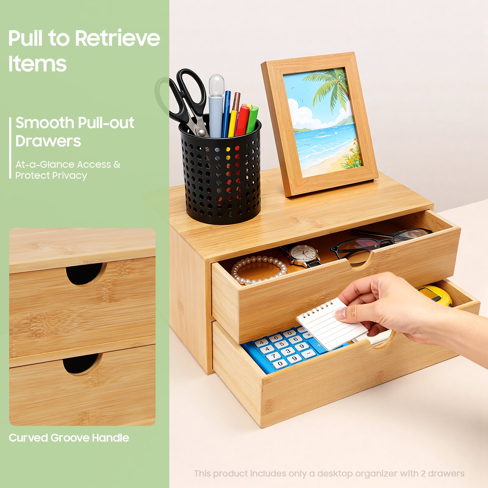 Small Bamboo Organizer for Desk, Tabletop Storage Organization Box with 2 Drawer