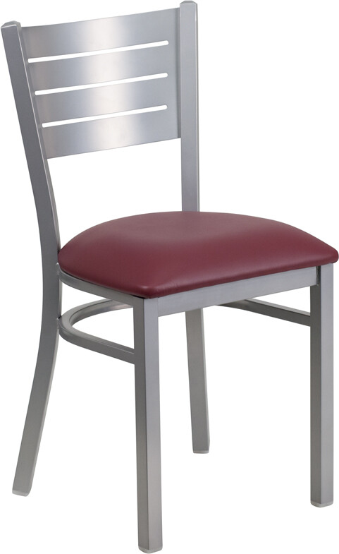 (10 PACK) Silver Slat Back Metal Restaurant Chair With Burgundy Vinyl Seat