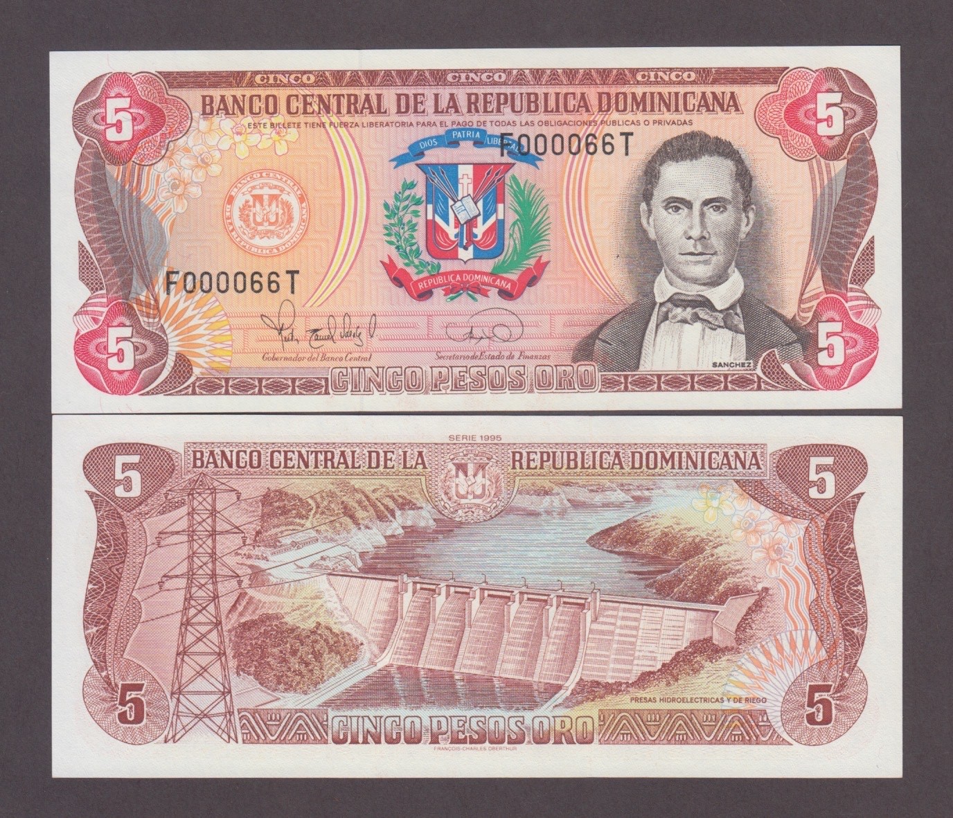 DOMINICAN REPUBLIC P.147a  5 PESOS ORO 1995 F/T LOW S/N UNC WE COMBINE  2606