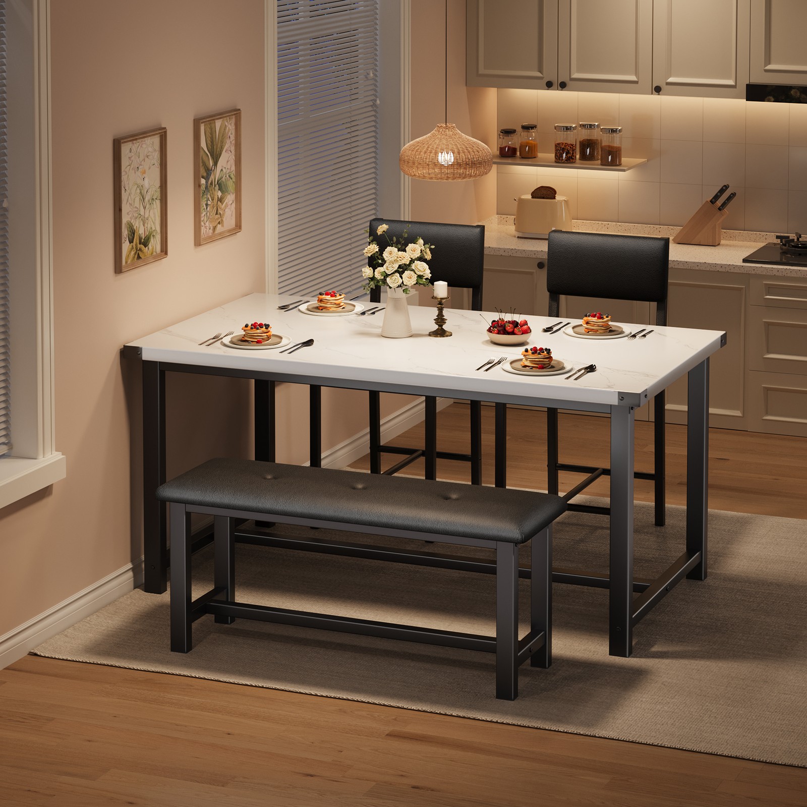 Marble 4-Piece Dining Sets Kitchen Table, Upholstered Bench & 2 Padded Chairs