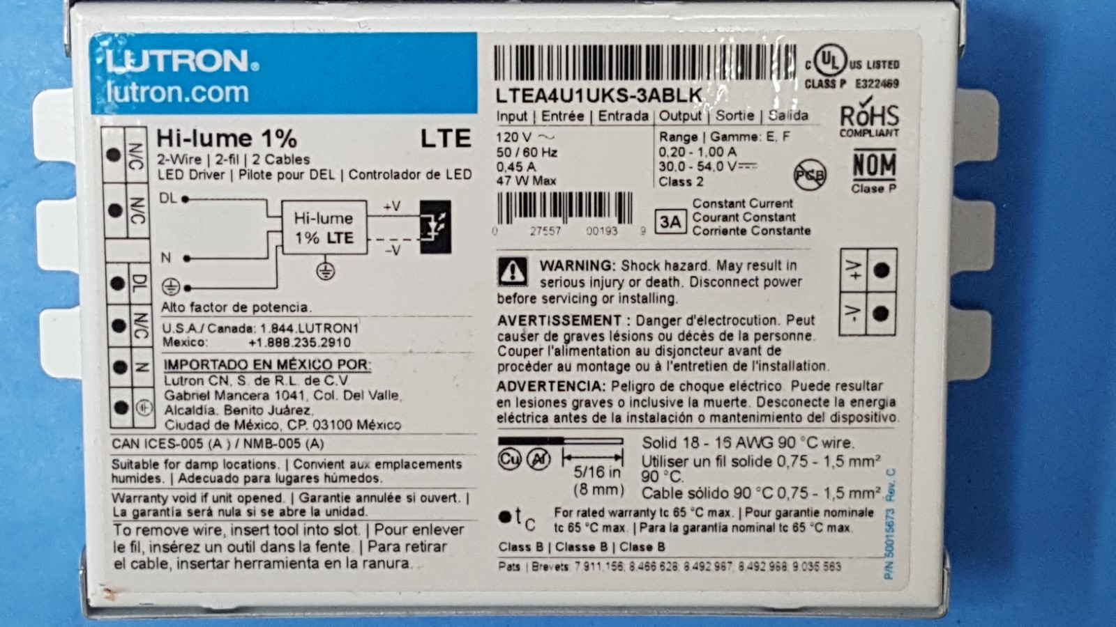 Hi-lume 1% LED DRIVER, LTEA4U1UKS-3ABLK, LUTRON, 30-54VDC, 0.2-1A, CCR DIMMING