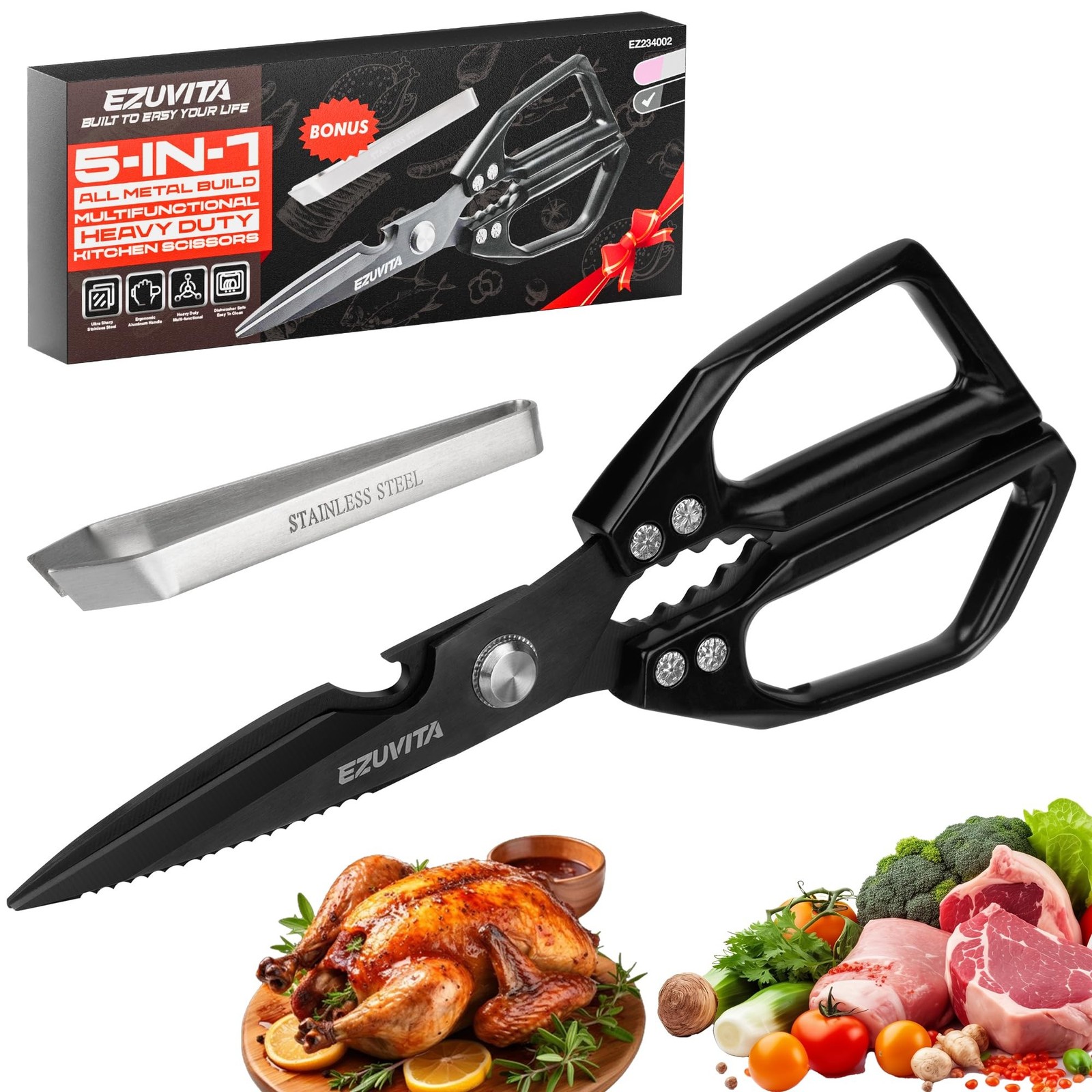 5-in-1 Multifunctional Heavy-Duty Korean Kitchen Scissors with Tweezer, Black...