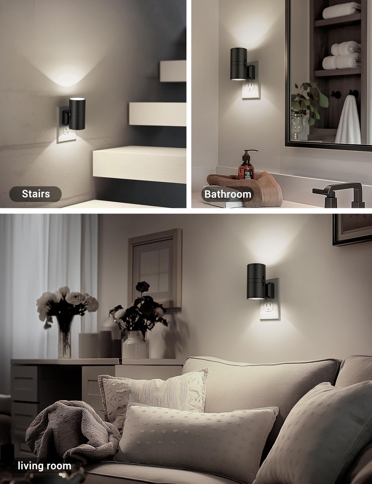 Night Lights Plug into Wall, Dimmable Light in, 2 Pack, Black