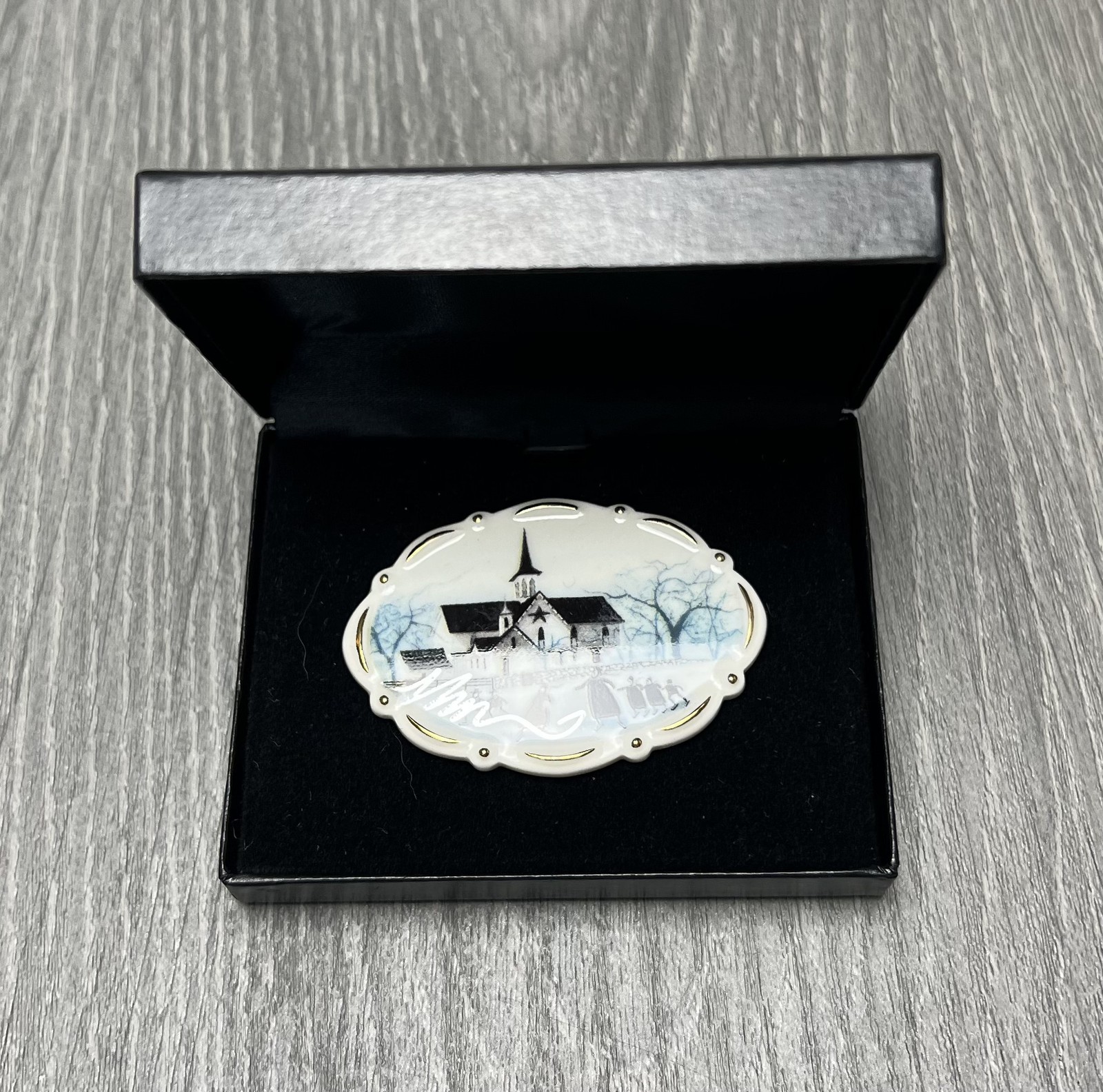 P. Buckley Moss Society Winter Church Scene Pin Brooch Signed Porcelain Art Gift