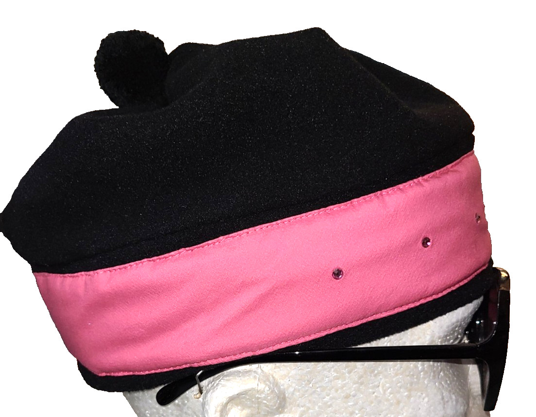 Nils Sportswear black fleece ski hat pink band embroidered snowflake rhinestones