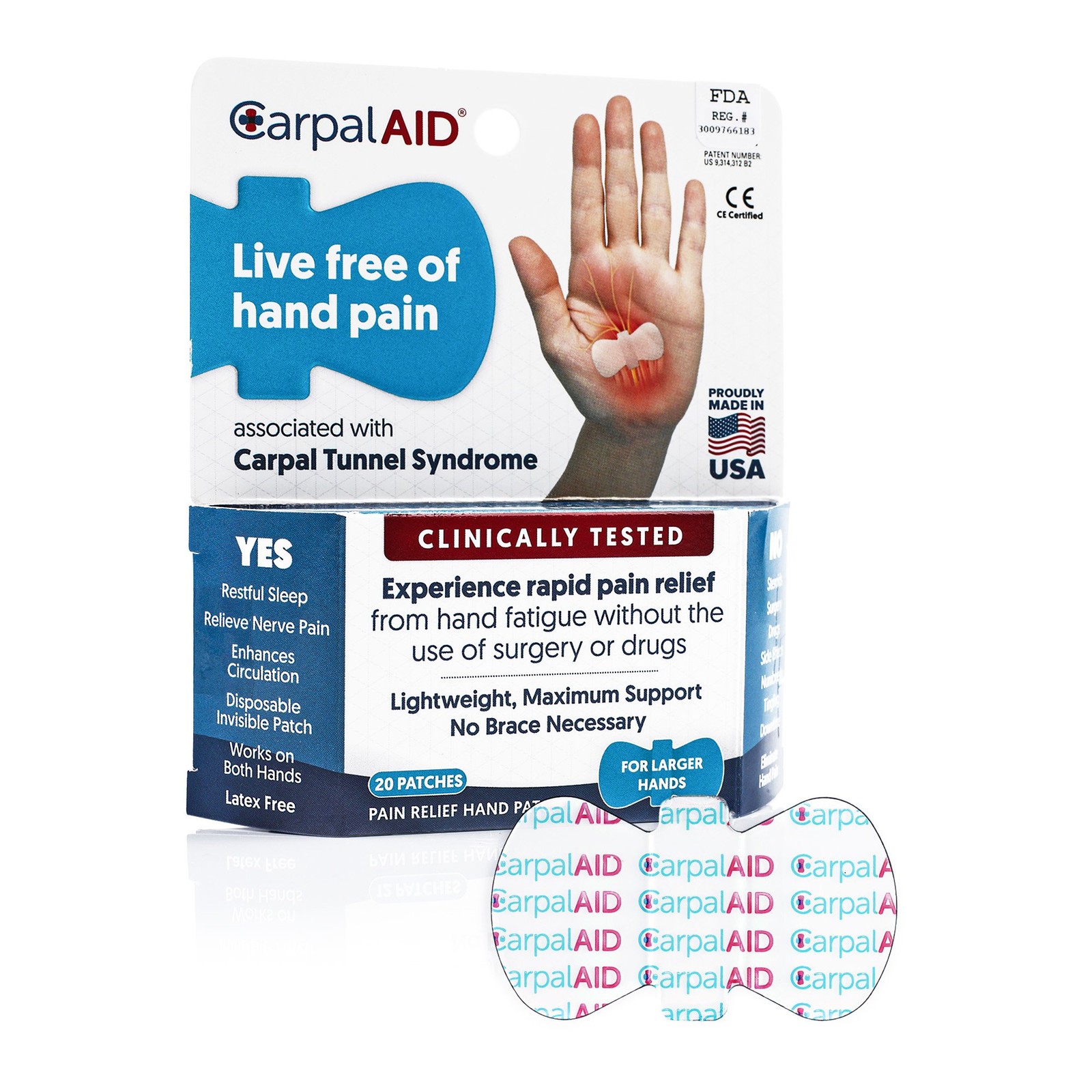 CarpalAid Large Carpal Tunnel Hand Patch Wrist Pain Relief Large Hands 20 Pack