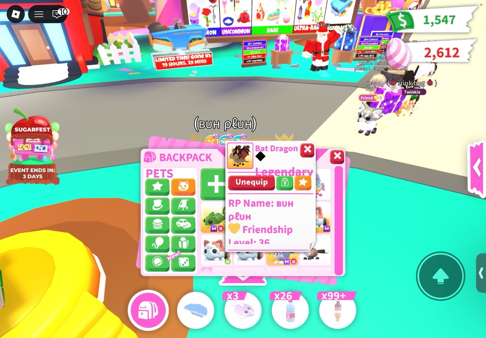 Adopt Me! Bat Dragon Legendary Virtual Pet Game Item Asset Friendship Level 36